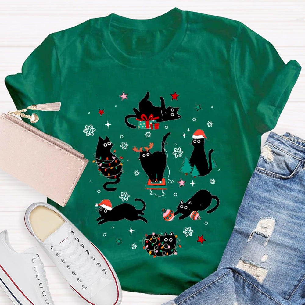 A Group Of Playful Black Cats Snowflakes And Christmas Lights T-shirt