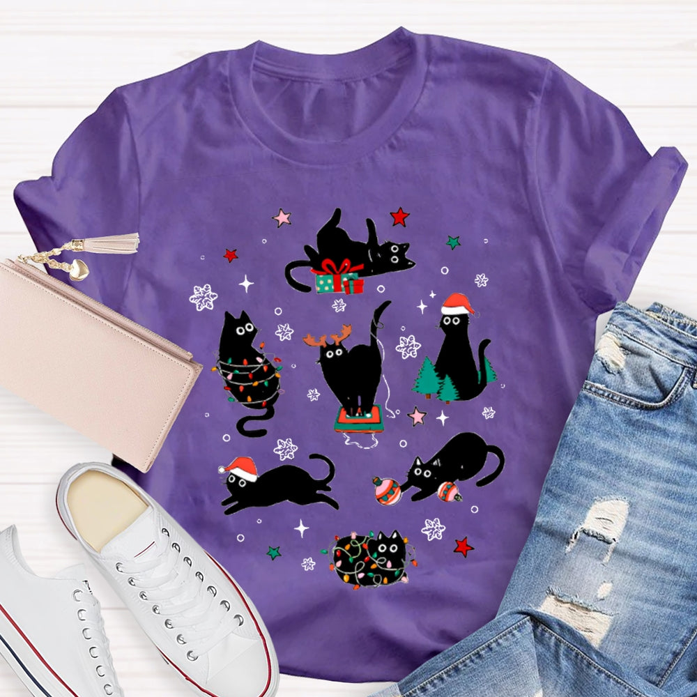A Group Of Playful Black Cats Snowflakes And Christmas Lights T-shirt