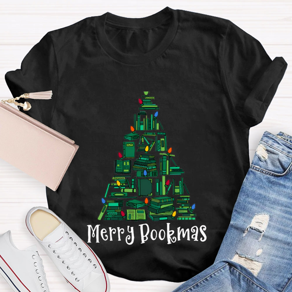 Merry Bookmas Christmas Tree Shaped Books Christmas T-shirt