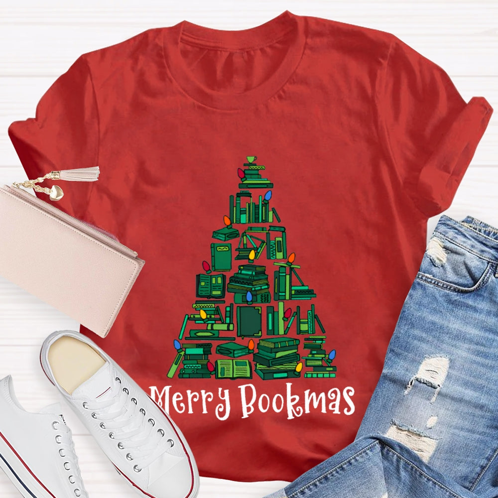 Merry Bookmas Christmas Tree Shaped Books Christmas T-shirt