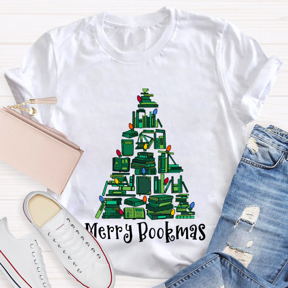 Merry Bookmas Christmas Tree Shaped Books Christmas T-shirt