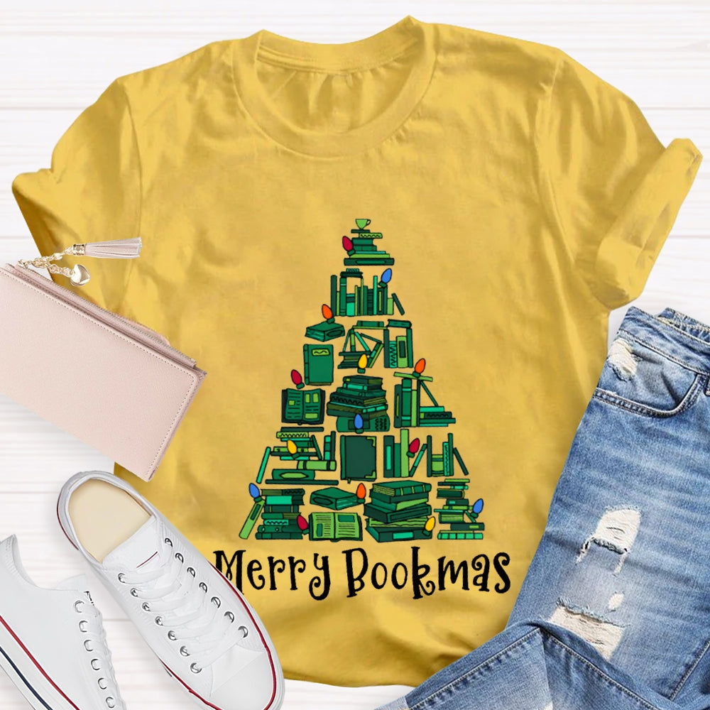 Merry Bookmas Christmas Tree Shaped Books Christmas T-shirt