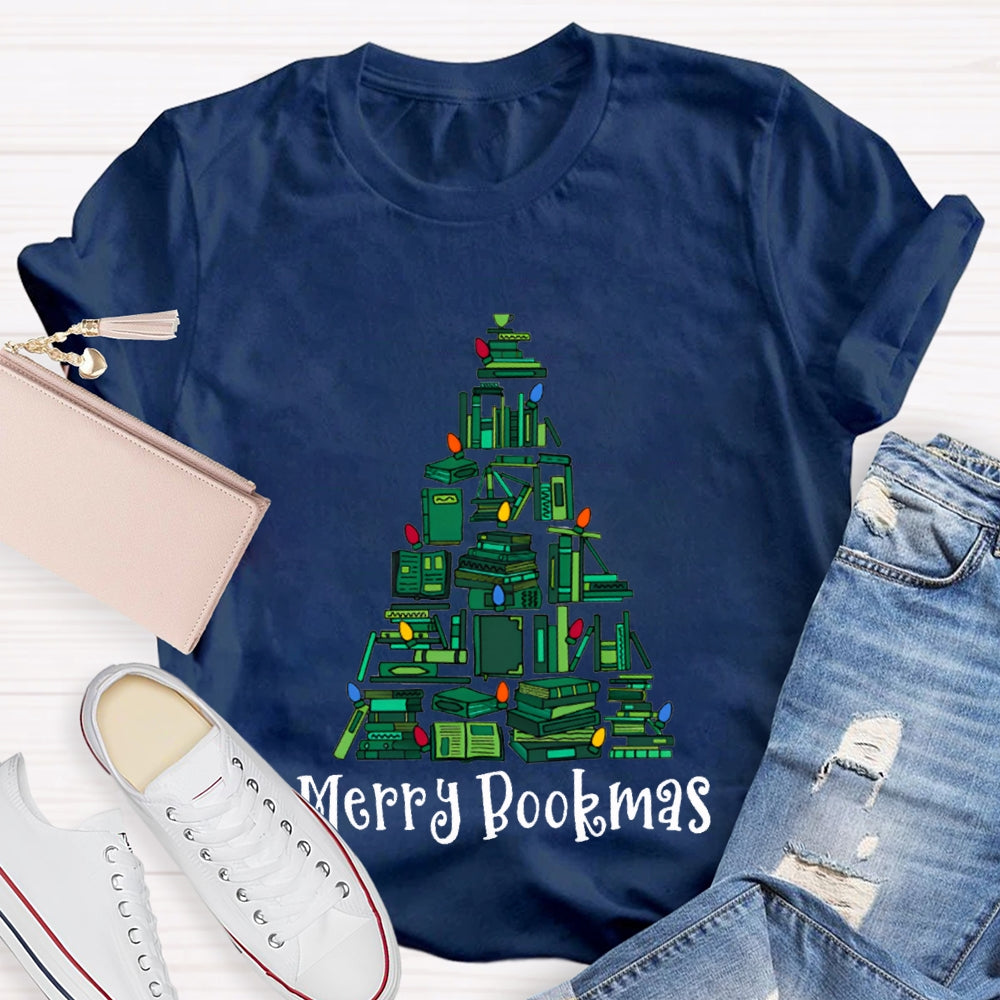 Merry Bookmas Christmas Tree Shaped Books Christmas T-shirt