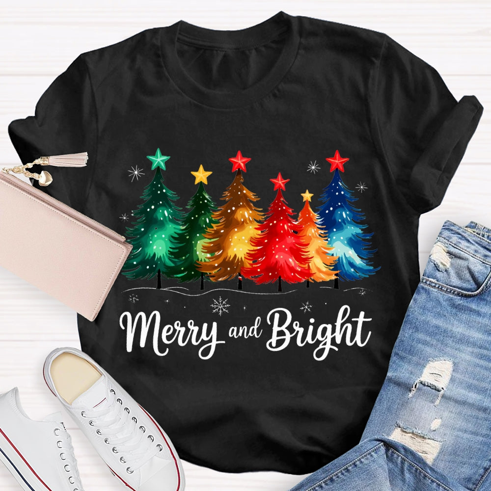 Merry And Bright Colorful Stars And Christmas Tree Christmas T-shirt
