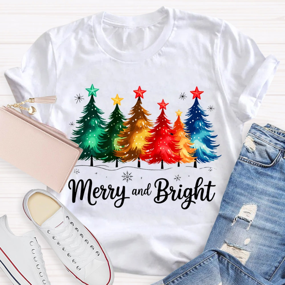 Merry And Bright Colorful Stars And Christmas Tree Christmas T-shirt