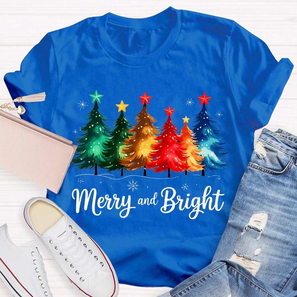 Merry And Bright Colorful Stars And Christmas Tree Christmas T-shirt