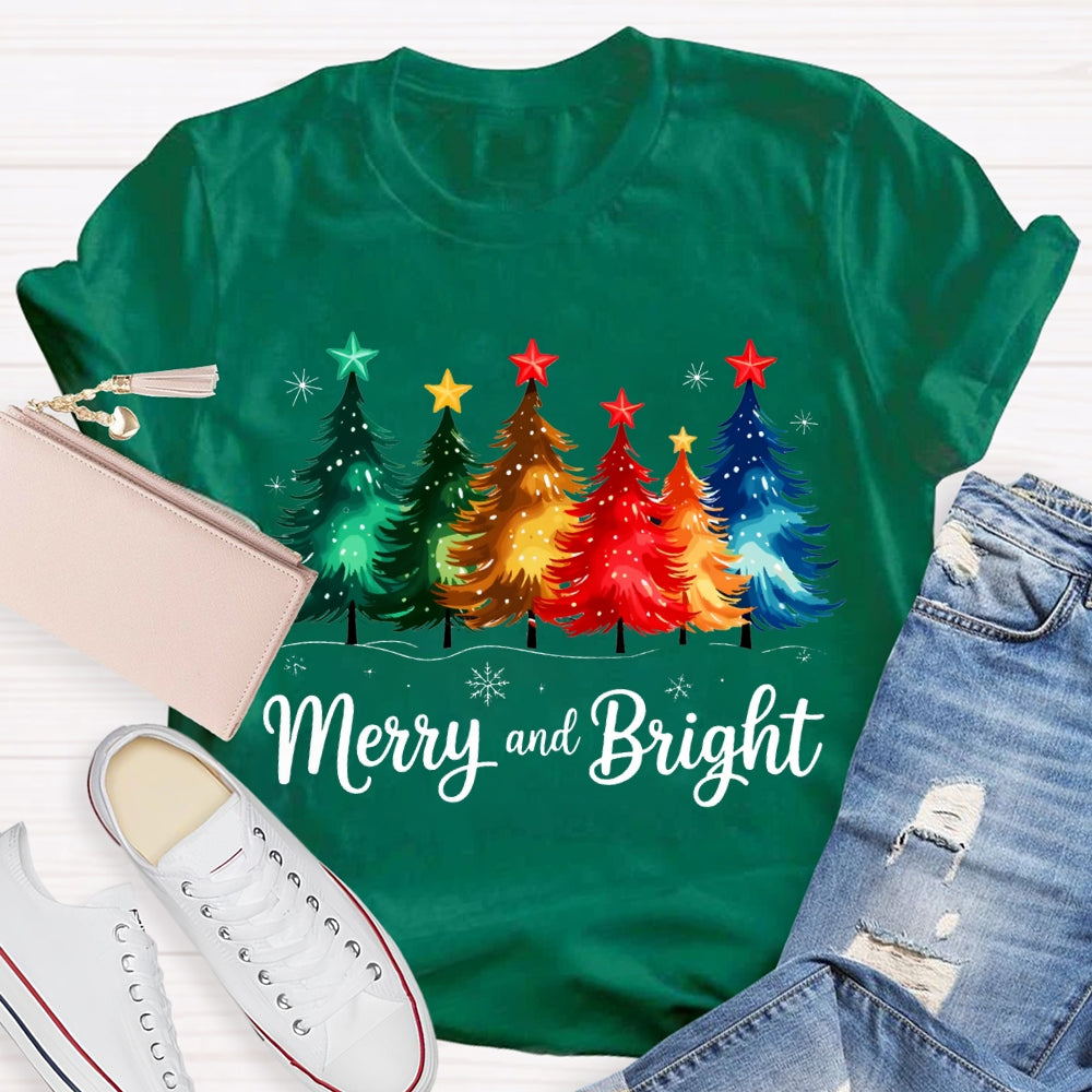 Merry And Bright Colorful Stars And Christmas Tree Christmas T-shirt