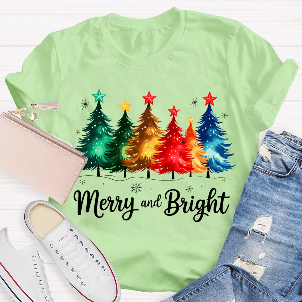 Merry And Bright Colorful Stars And Christmas Tree Christmas T-shirt