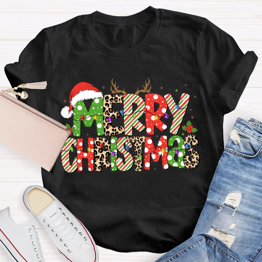 Merry Christmas Hat Leopard Color Font Christmas T-shirt