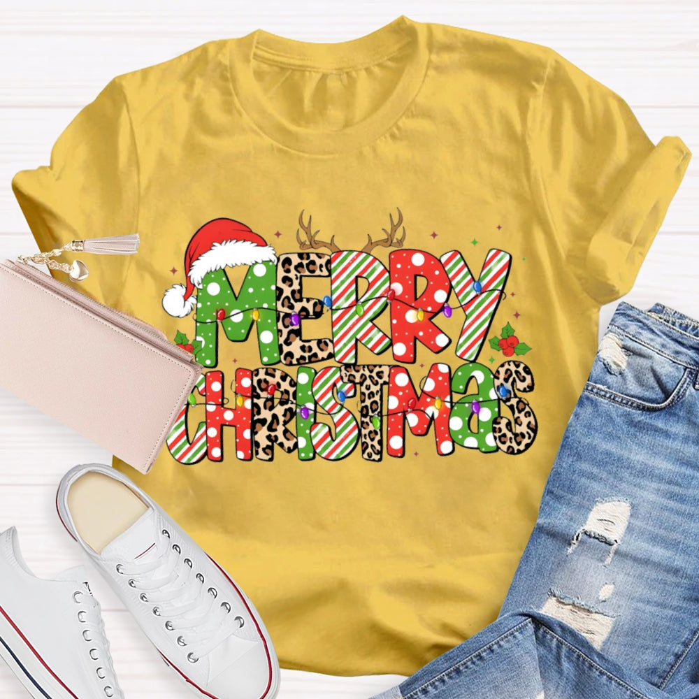 Merry Christmas Hat Leopard Color Font Christmas T-shirt