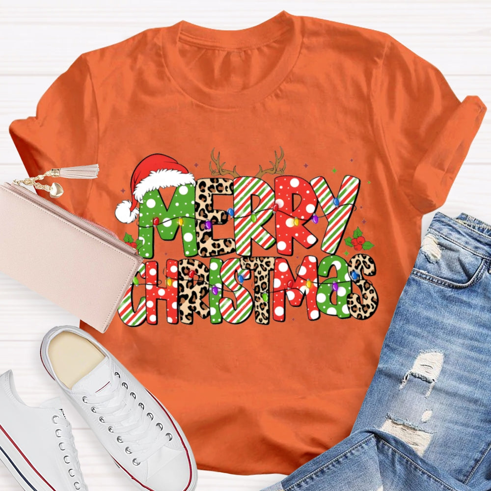 Merry Christmas Hat Leopard Color Font Christmas T-shirt