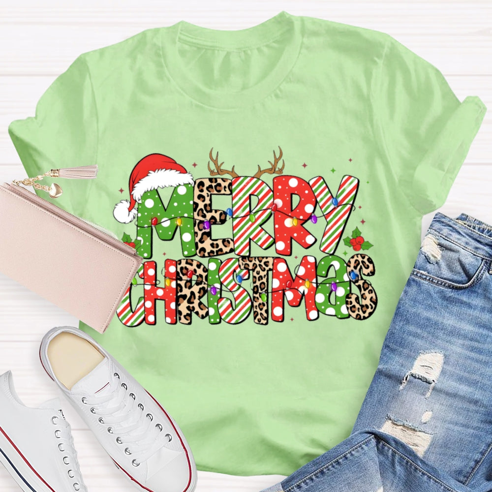 Merry Christmas Hat Leopard Color Font Christmas T-shirt