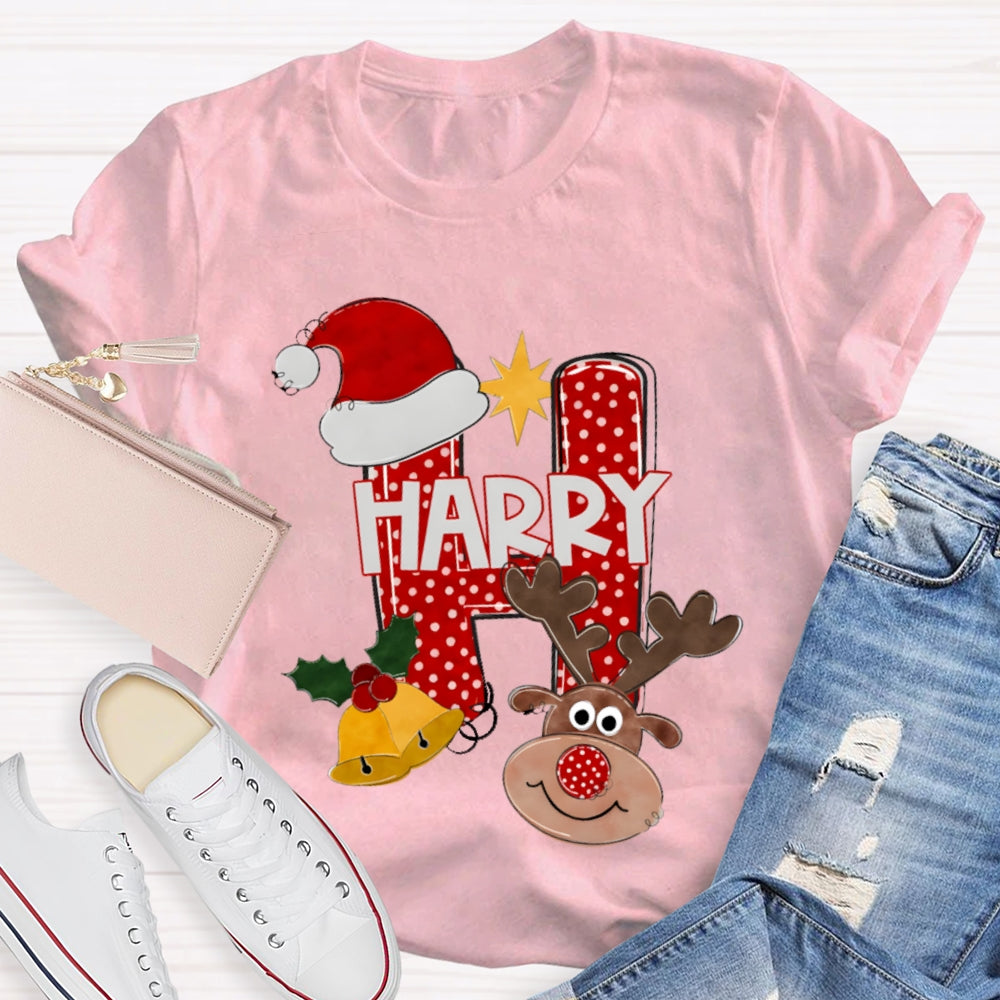 H Is For Happy Santa Hat And Elk Christmas Tree T-shirt