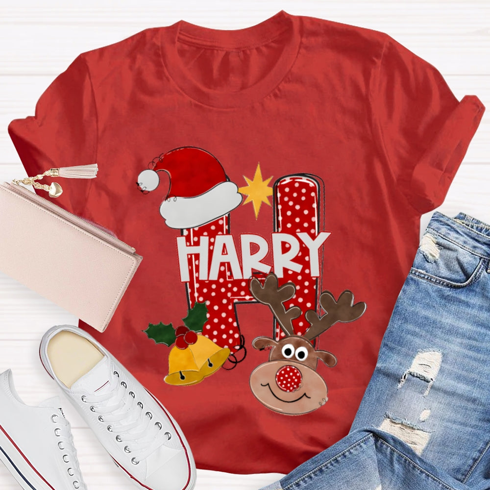 H Is For Happy Santa Hat And Elk Christmas Tree T-shirt