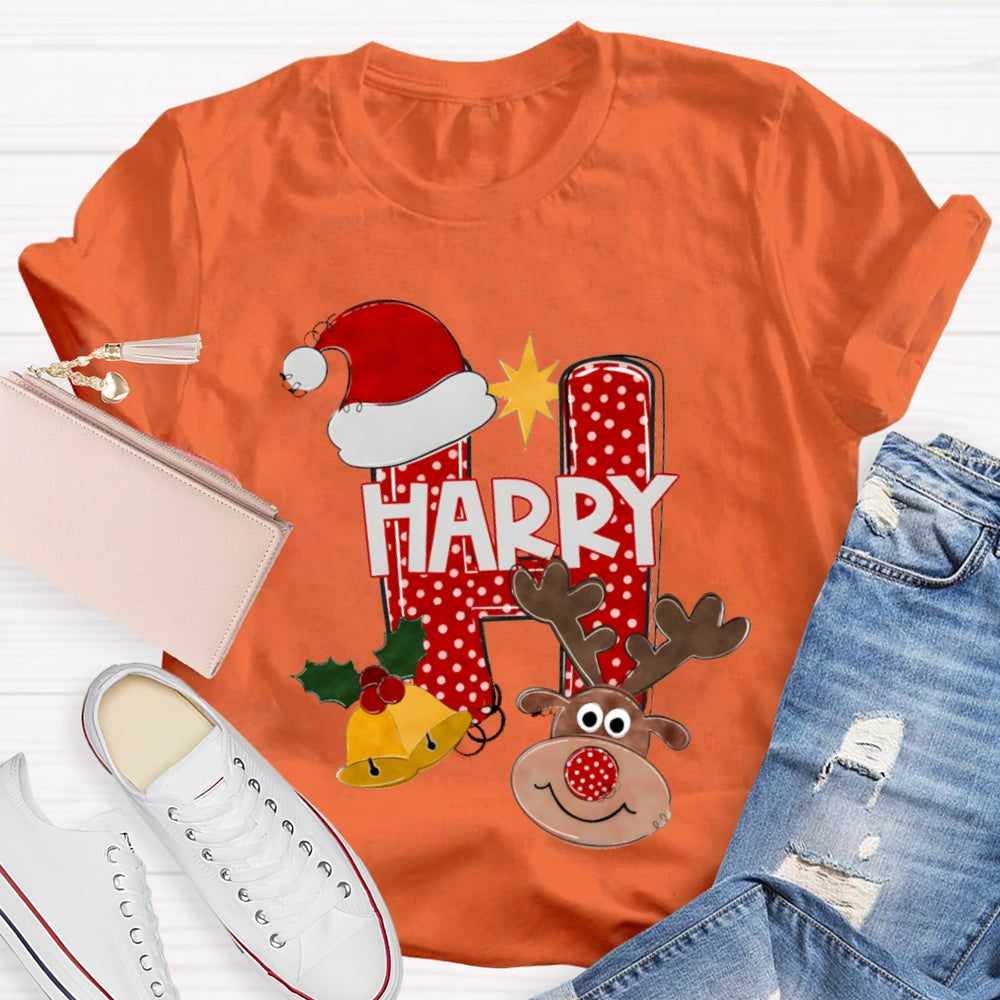 H Is For Happy Santa Hat And Elk Christmas Tree T-shirt