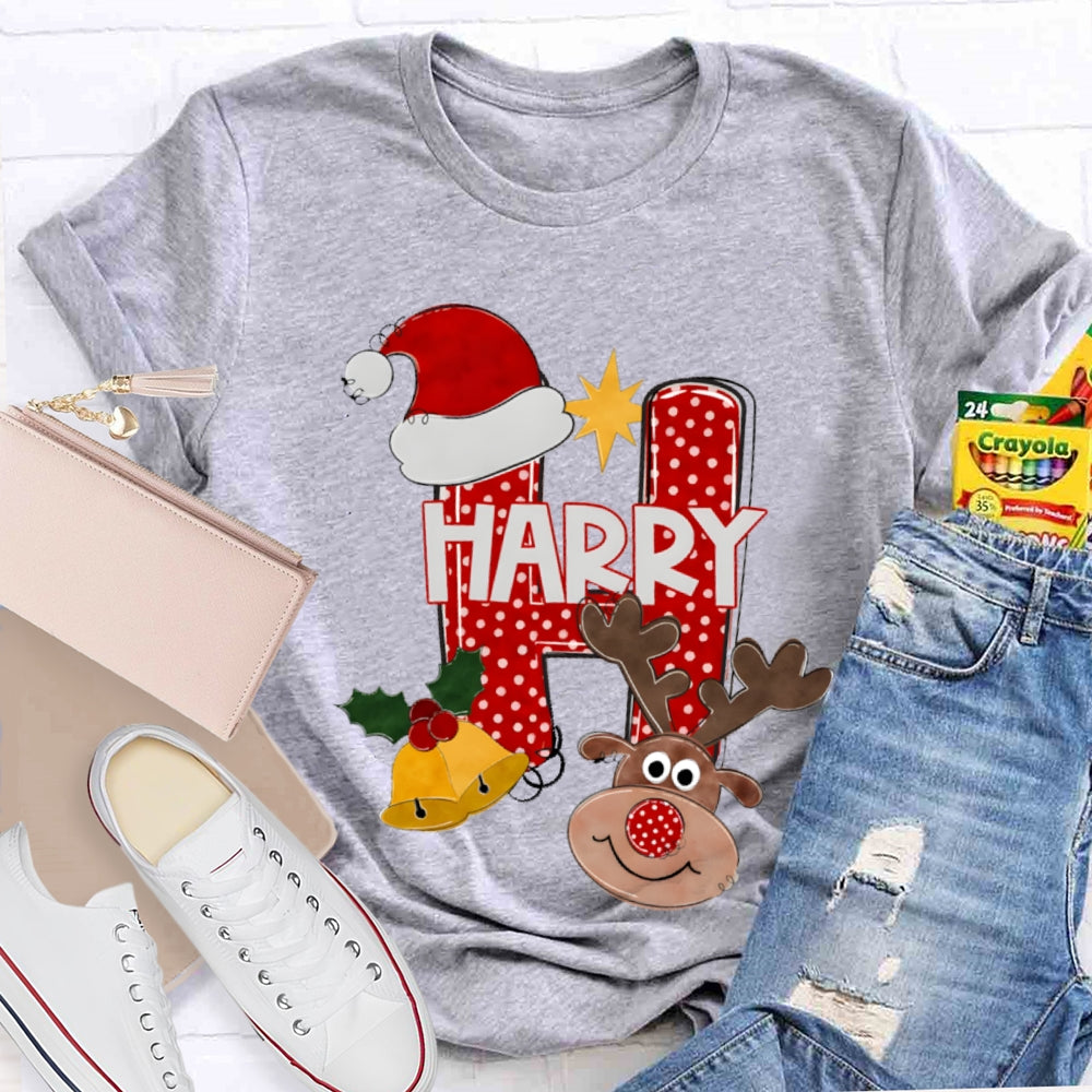 H Is For Happy Santa Hat And Elk Christmas Tree T-shirt