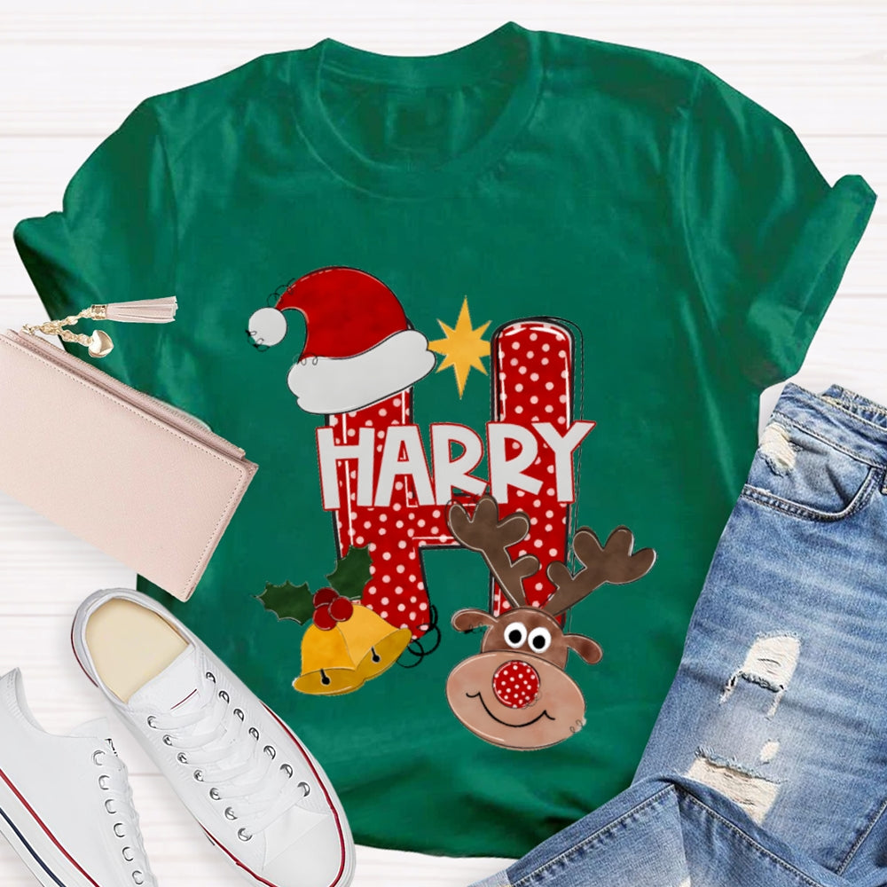 H Is For Happy Santa Hat And Elk Christmas Tree T-shirt