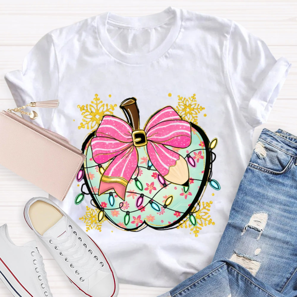 Pink Pencil Bow Apple And Christmas Lights T-shirt