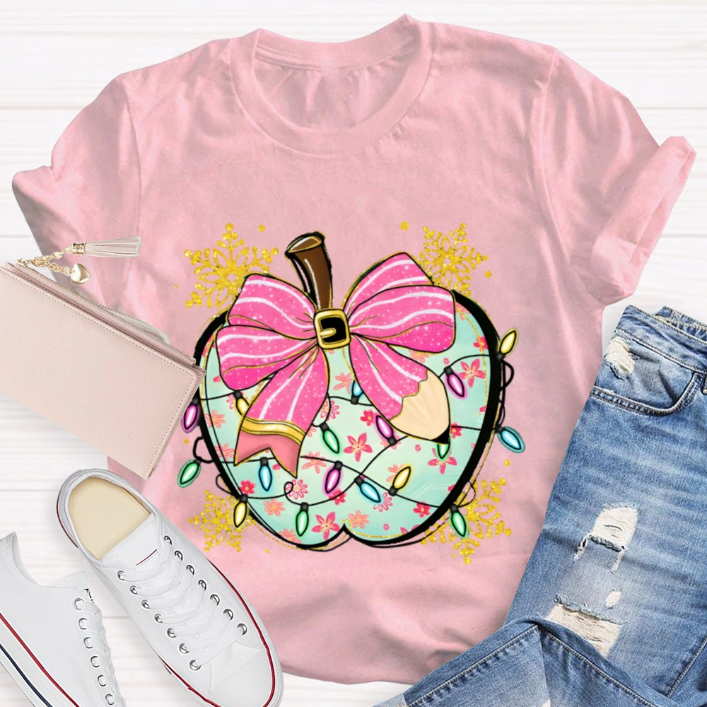 Pink Pencil Bow Apple And Christmas Lights T-shirt