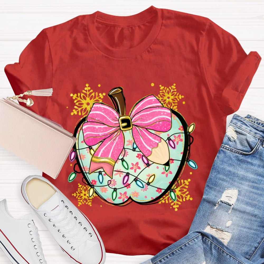 Pink Pencil Bow Apple And Christmas Lights T-shirt