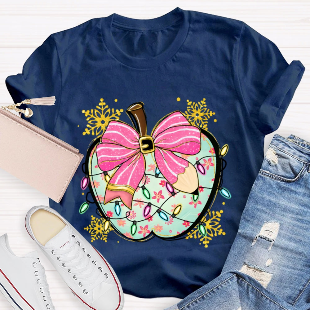Pink Pencil Bow Apple And Christmas Lights T-shirt