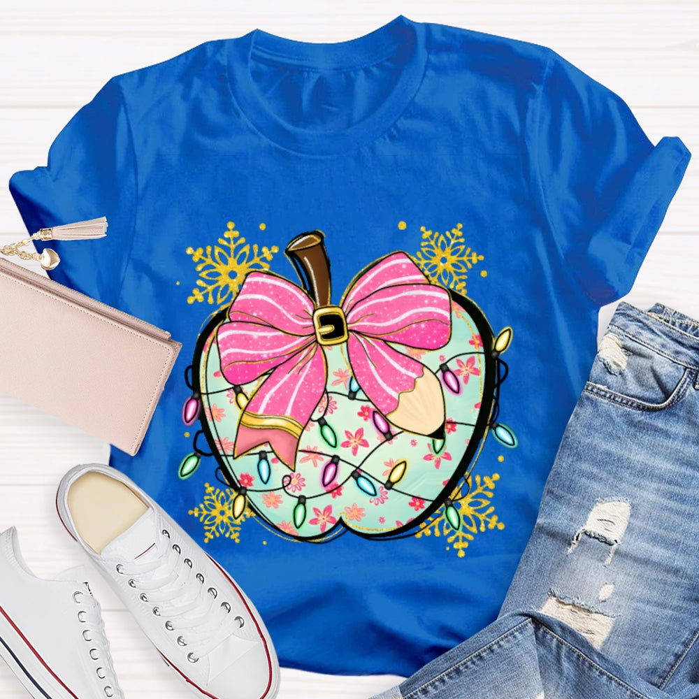 Pink Pencil Bow Apple And Christmas Lights T-shirt