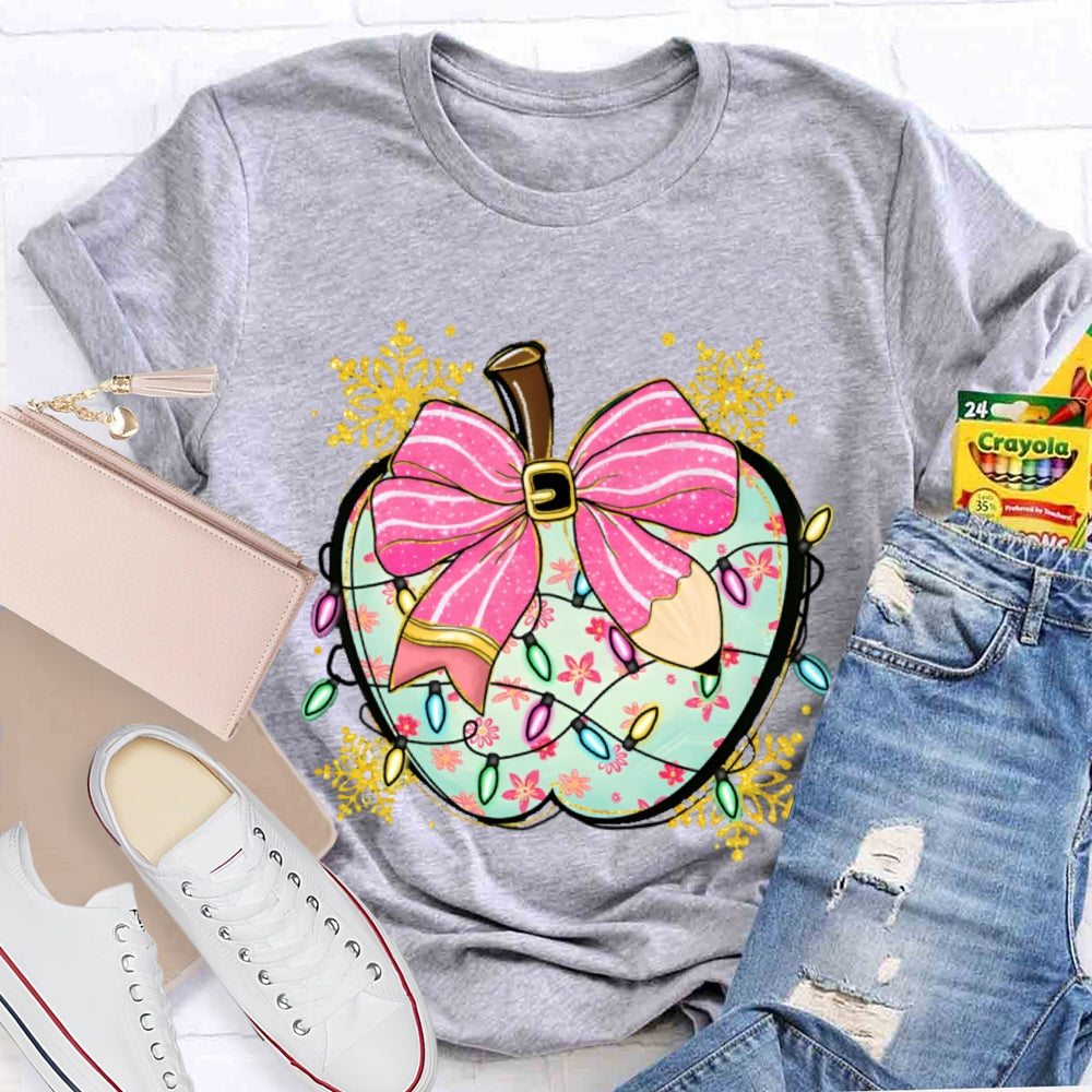 Pink Pencil Bow Apple And Christmas Lights T-shirt