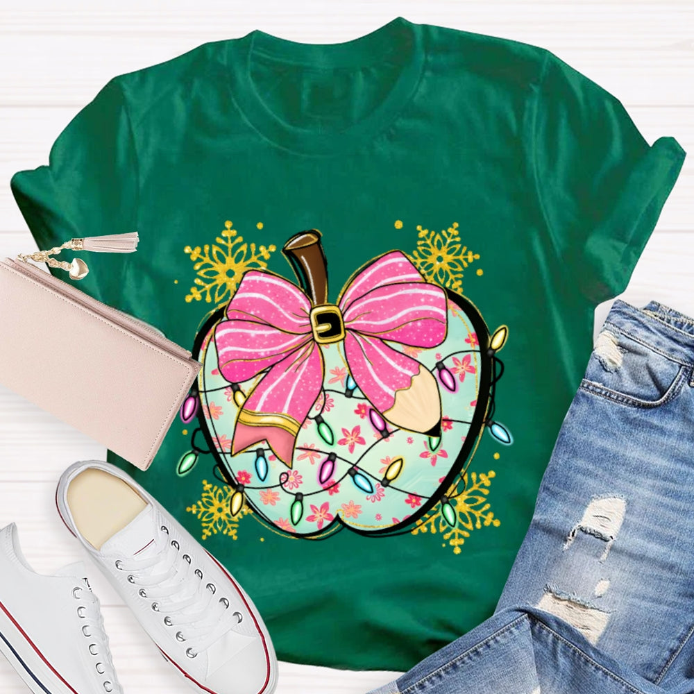 Pink Pencil Bow Apple And Christmas Lights T-shirt