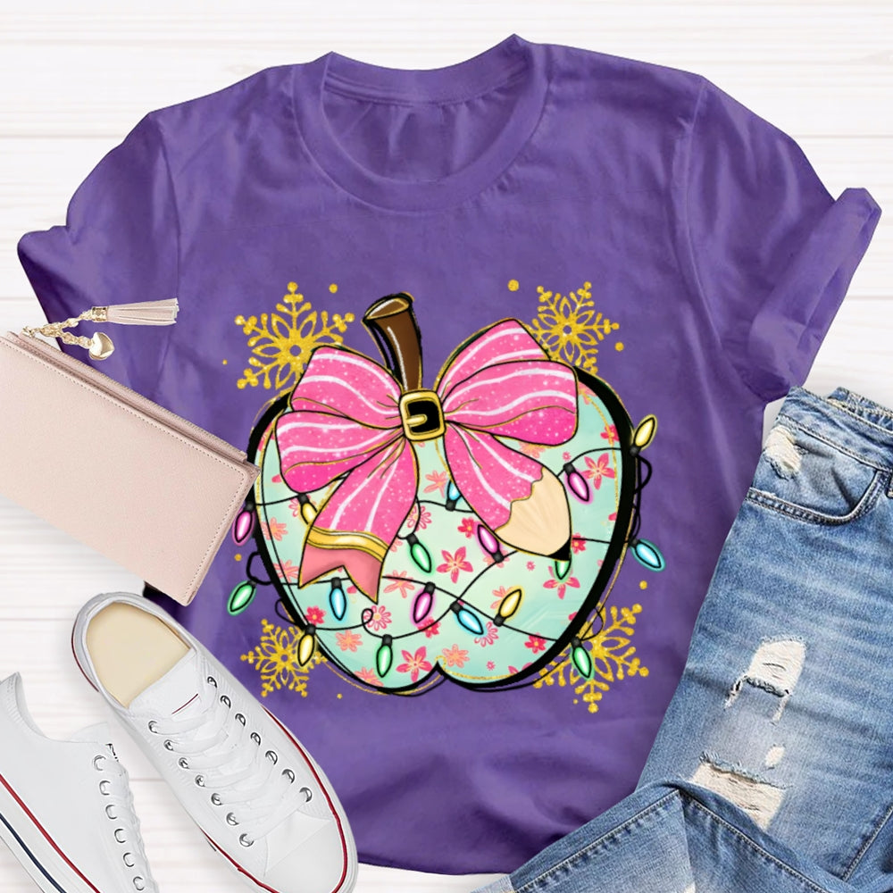 Pink Pencil Bow Apple And Christmas Lights T-shirt