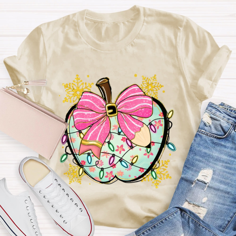 Pink Pencil Bow Apple And Christmas Lights T-shirt