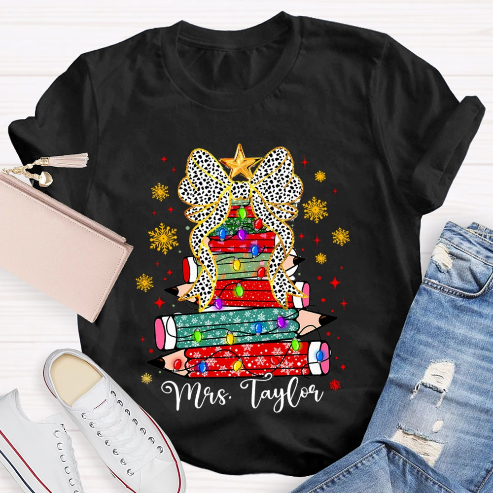 Personalized Name Pencil Christmas Tree Snowflake Bow T-Shirt