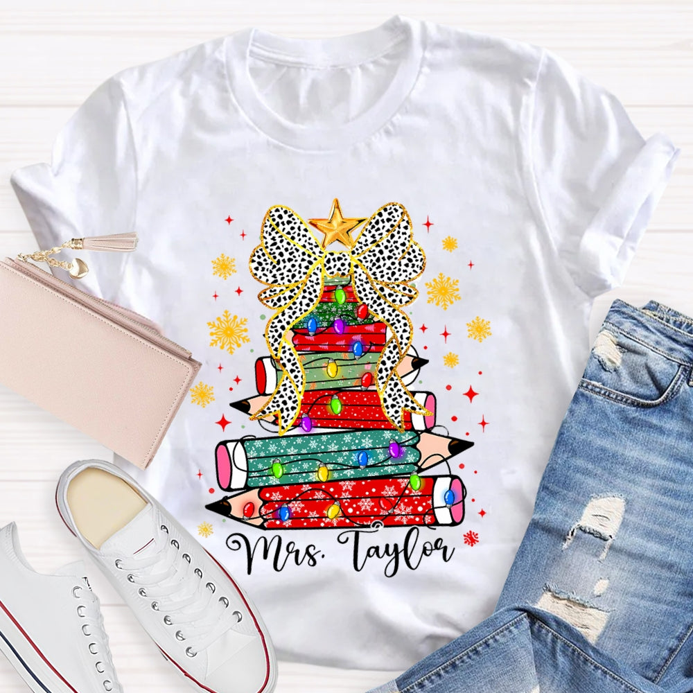 Personalized Name Pencil Christmas Tree Snowflake Bow T-Shirt