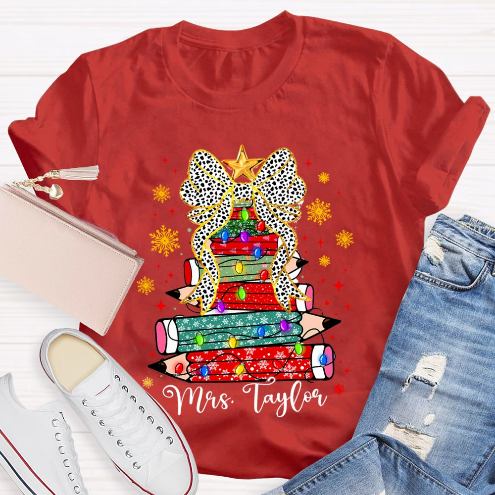 Personalized Name Pencil Christmas Tree Snowflake Bow T-Shirt