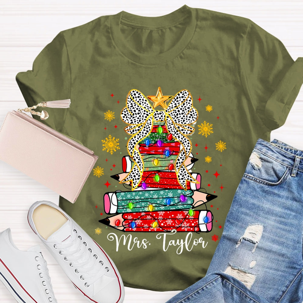 Personalized Name Pencil Christmas Tree Snowflake Bow T-Shirt