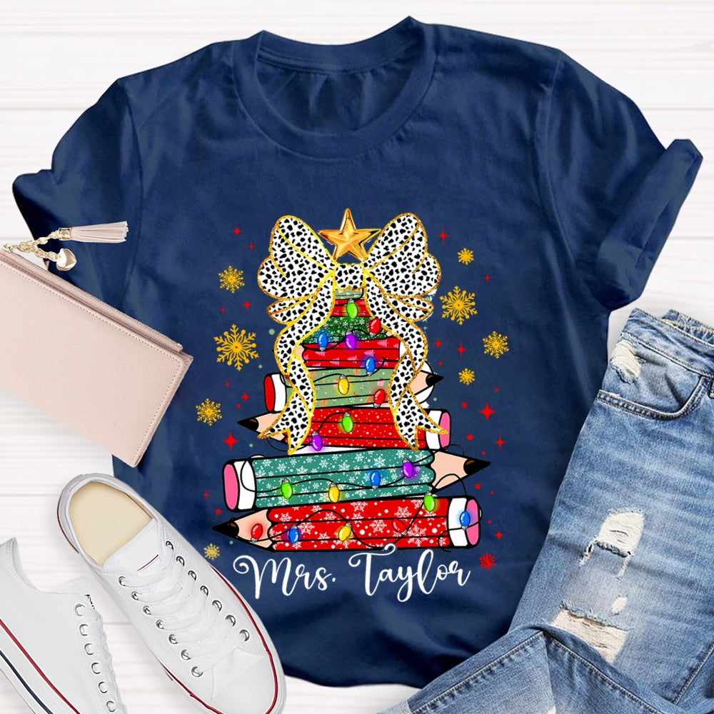 Personalized Name Pencil Christmas Tree Snowflake Bow T-Shirt