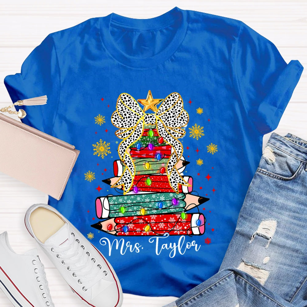 Personalized Name Pencil Christmas Tree Snowflake Bow T-Shirt