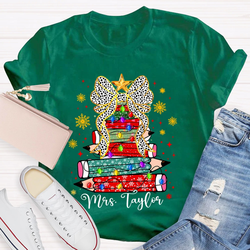 Personalized Name Pencil Christmas Tree Snowflake Bow T-Shirt