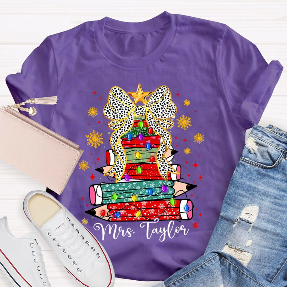 Personalized Name Pencil Christmas Tree Snowflake Bow T-Shirt