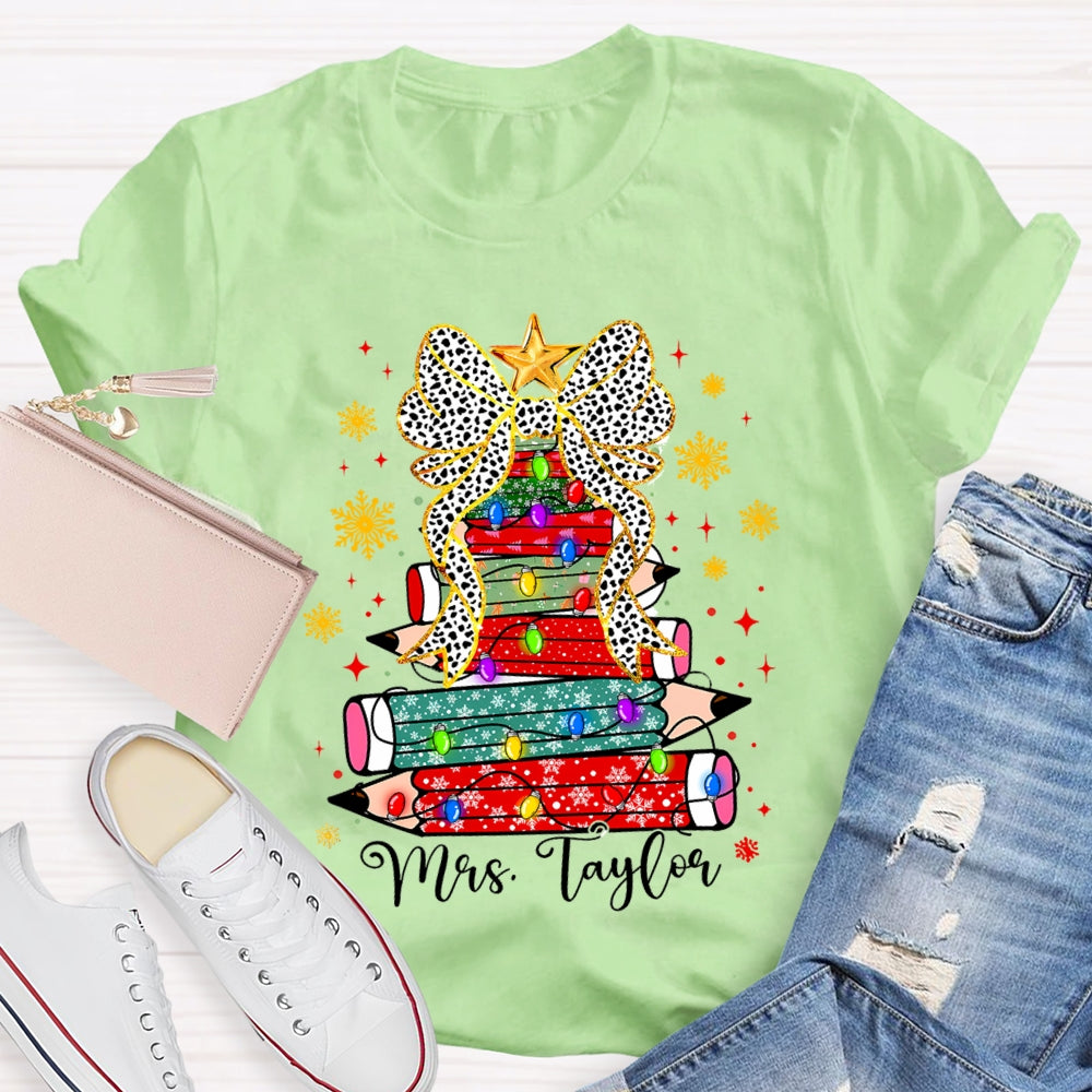 Personalized Name Pencil Christmas Tree Snowflake Bow T-Shirt