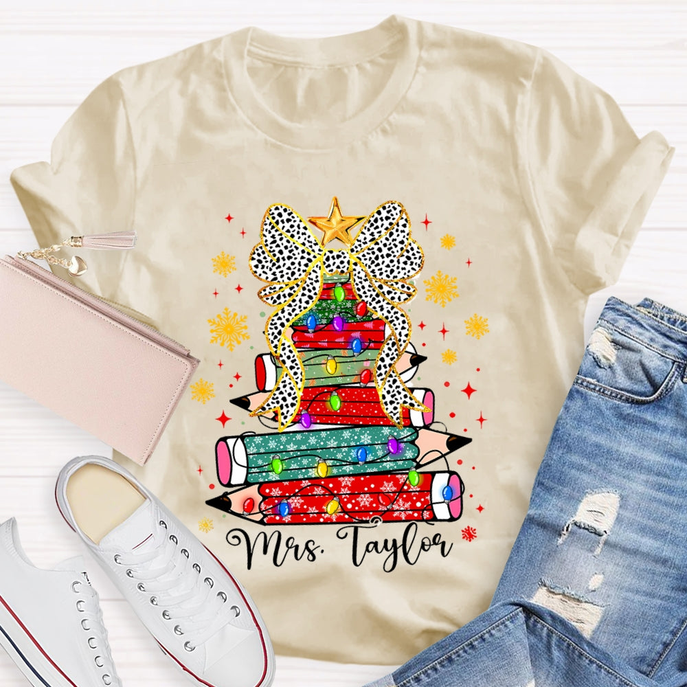 Personalized Name Pencil Christmas Tree Snowflake Bow T-Shirt