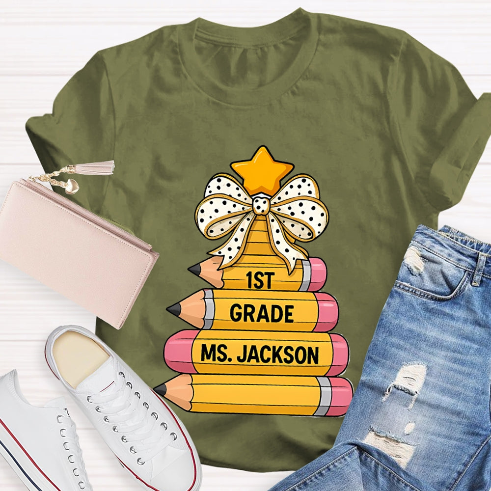 Personalized Grade And Name Pencil Christmas Tree T-Shirt