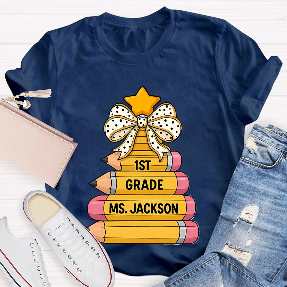 Personalized Grade And Name Pencil Christmas Tree T-Shirt