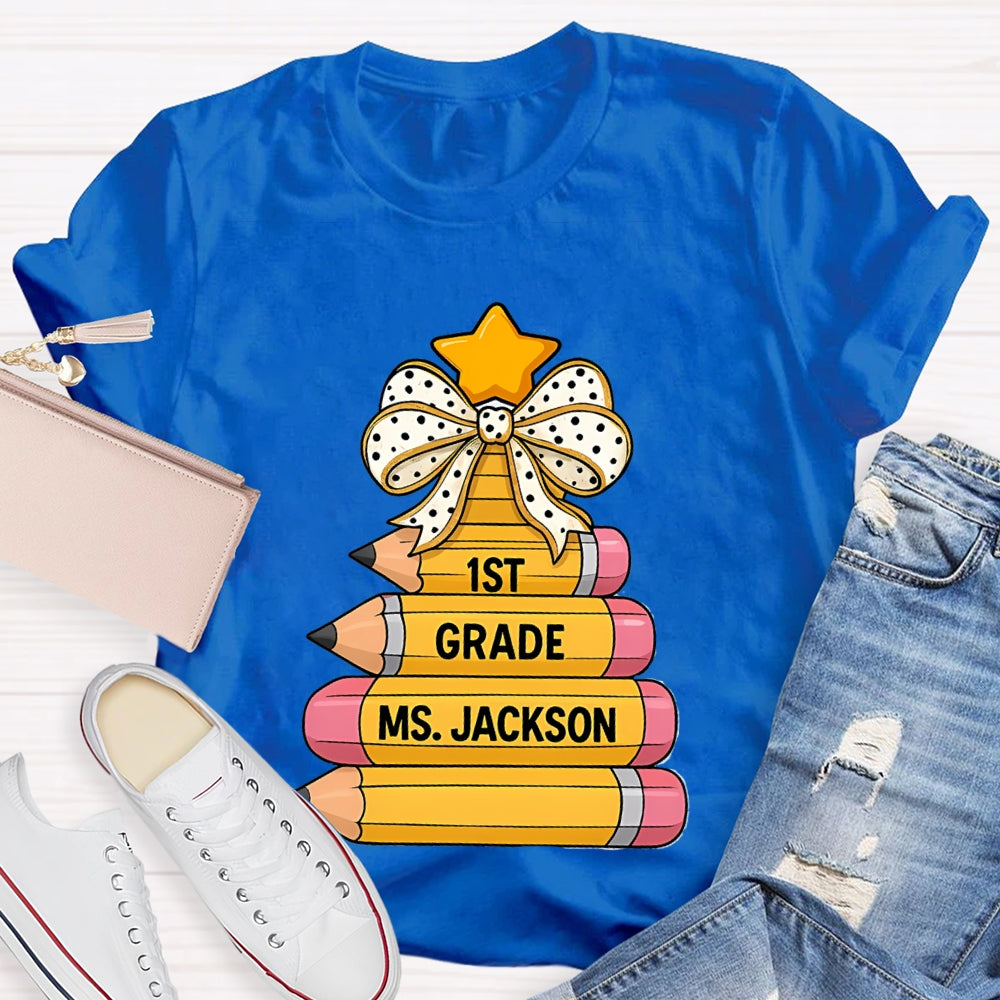 Personalized Grade And Name Pencil Christmas Tree T-Shirt