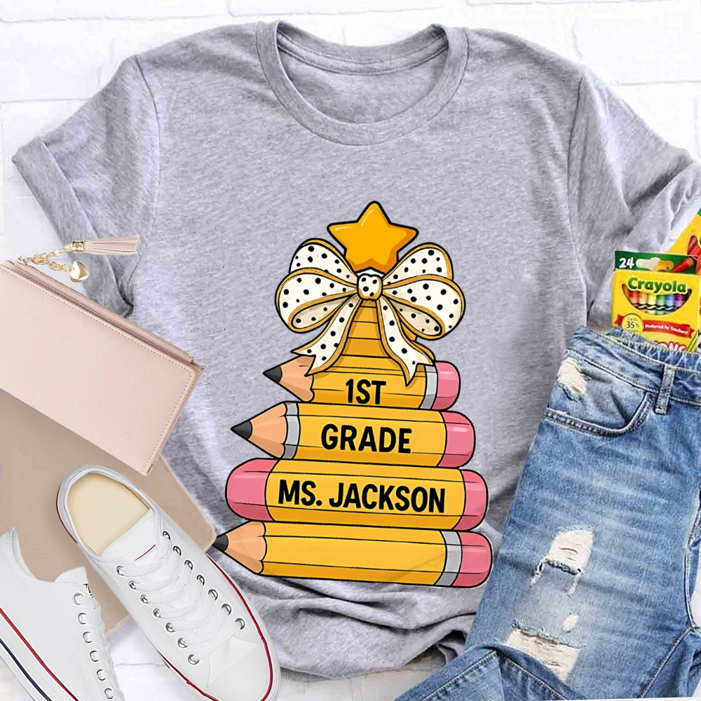 Personalized Grade And Name Pencil Christmas Tree T-Shirt