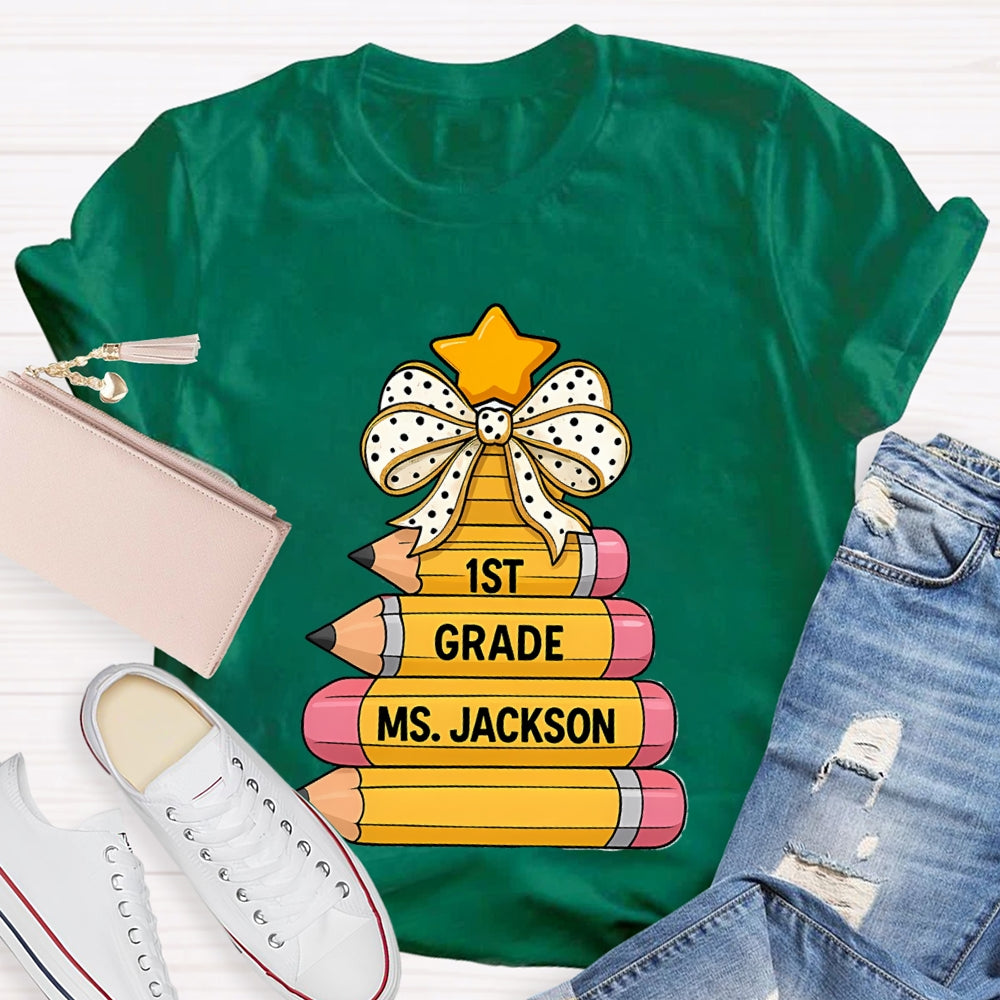 Personalized Grade And Name Pencil Christmas Tree T-Shirt