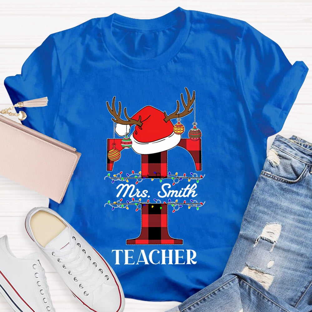 Personalized Name T Is For Teacher Santa Hat Christmas T-shirt