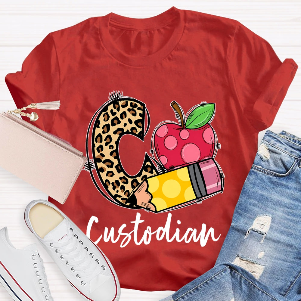 C Is For Custodian Leopard Print Font And Apple T-shirt