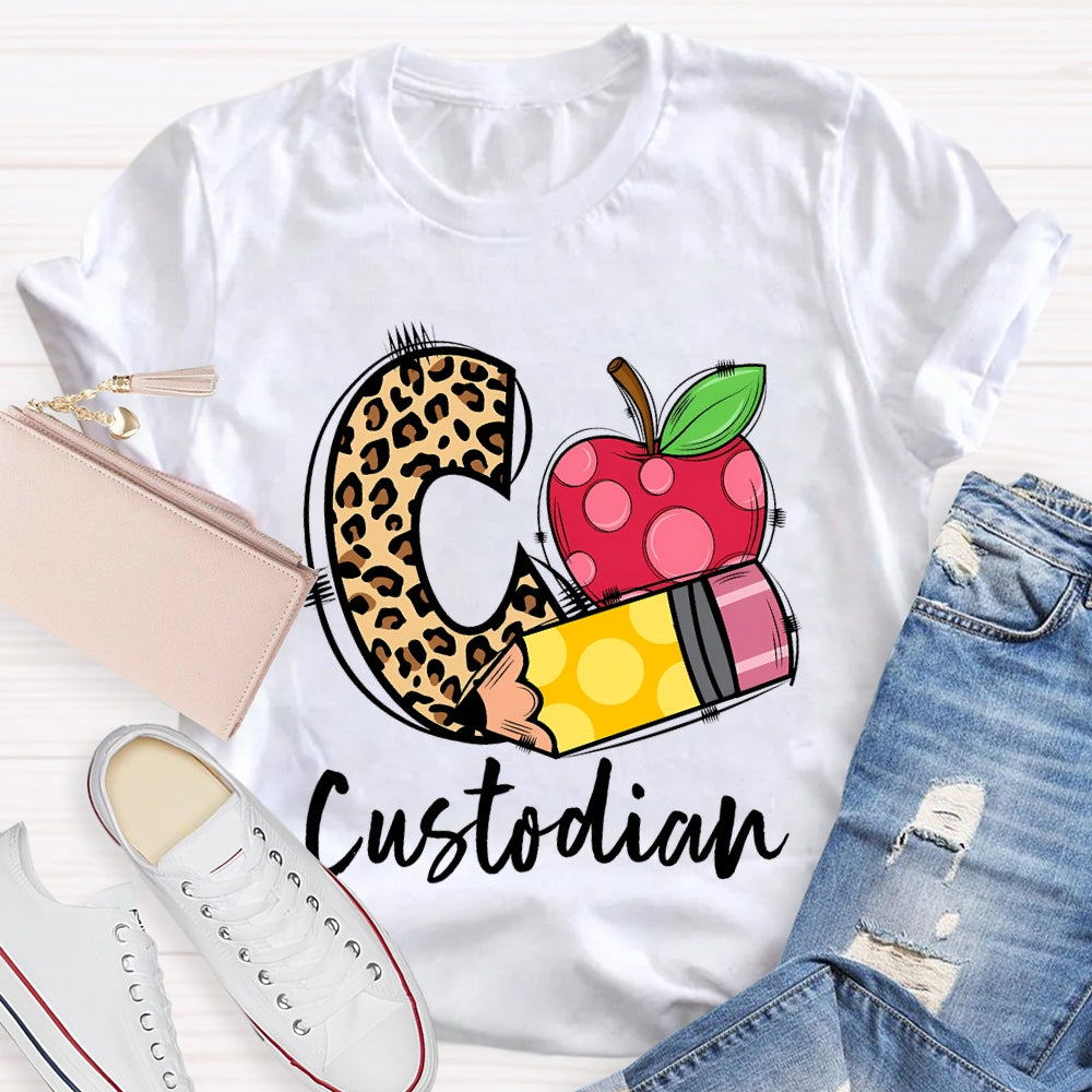 C Is For Custodian Leopard Print Font And Apple T-shirt