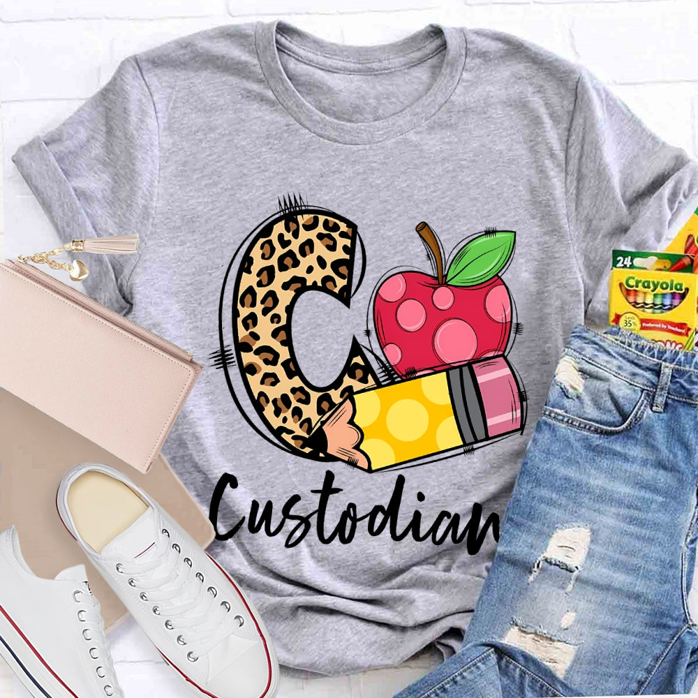 C Is For Custodian Leopard Print Font And Apple T-shirt