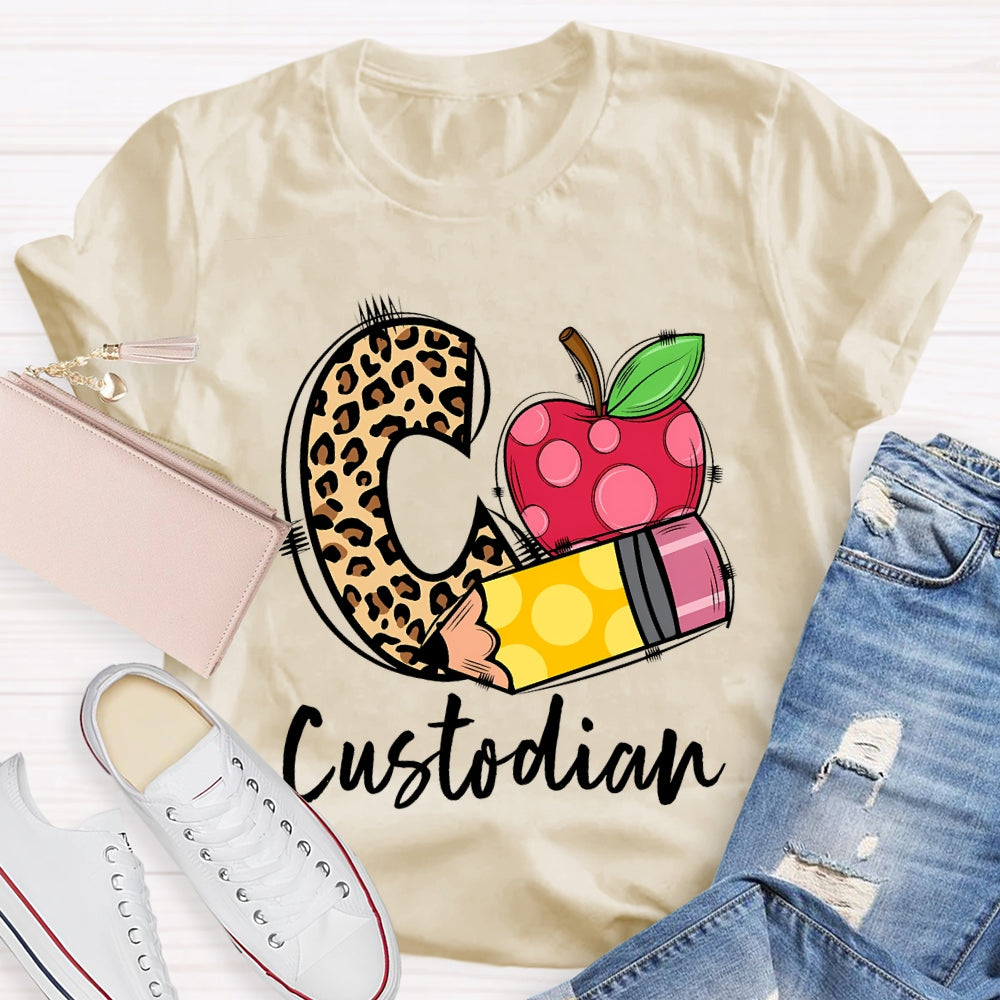 C Is For Custodian Leopard Print Font And Apple T-shirt